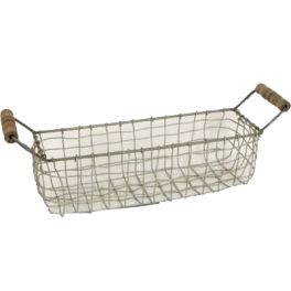 Storage basket, grey wire with wood handles L36cm X W10cm X H12cm Storage basket, grey wire with wood handles L36cm X W10cm X H12cm