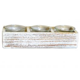 3 glass candle holders, white washed wood box h.5 22x8 3 glass candle holders, white washed wood box h.5 22x8